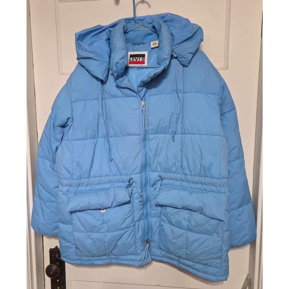 Levi's Puffer Coat Sz Lg Hooded Blue Double Zip Very Warm 1072